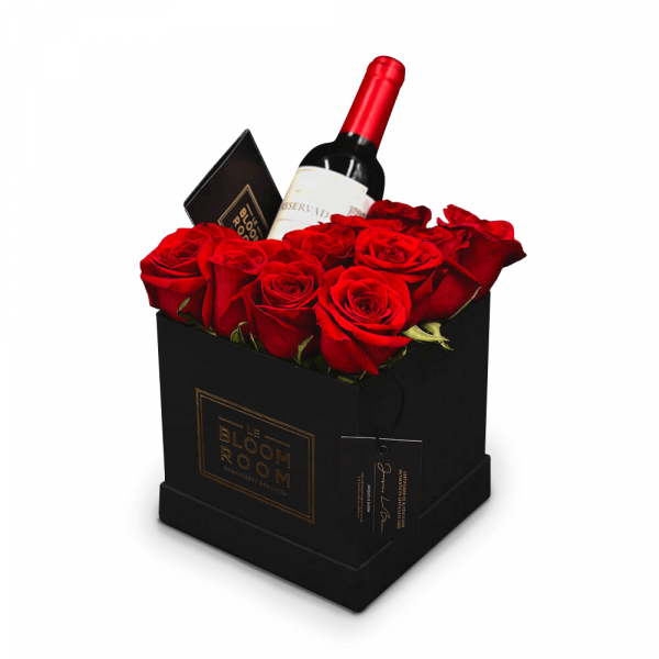 caja negra 10 rosas rojas con vino tinto